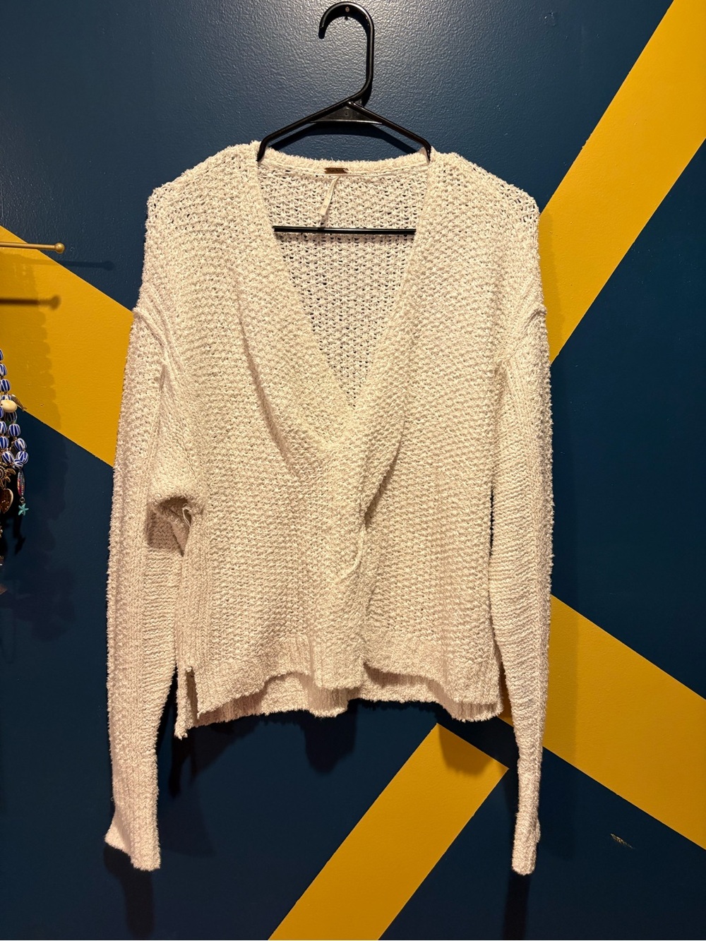 Free People Off White Coco V-Neck Twist Front Open Knit Sweater GUC